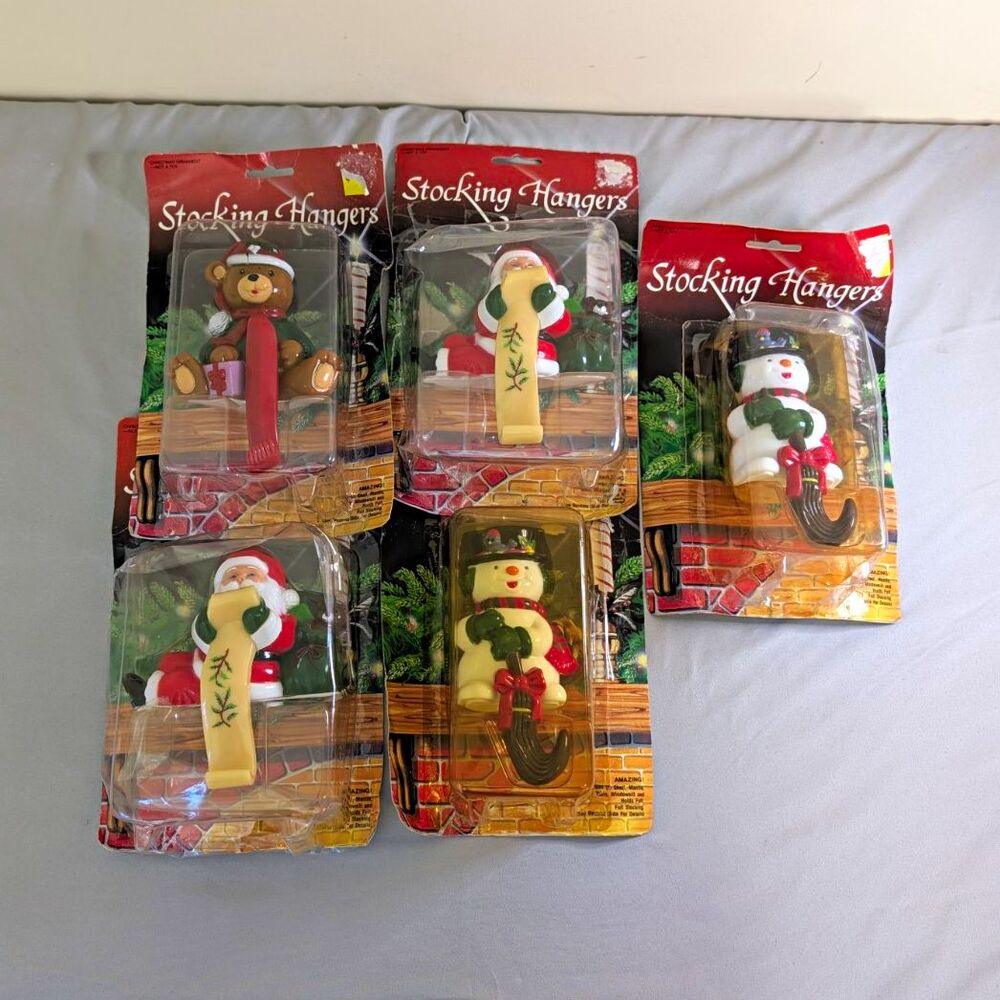 Hand Painted Decorative Christmas Stocking Hangers Set of 5 Santa Elf Bear
